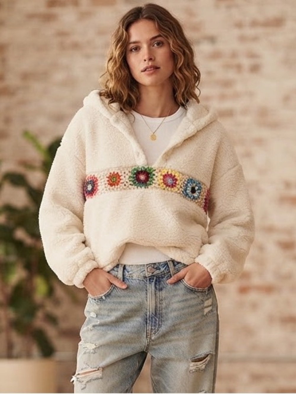 NWT - Cider Fleece Floral Crochet Hoodie